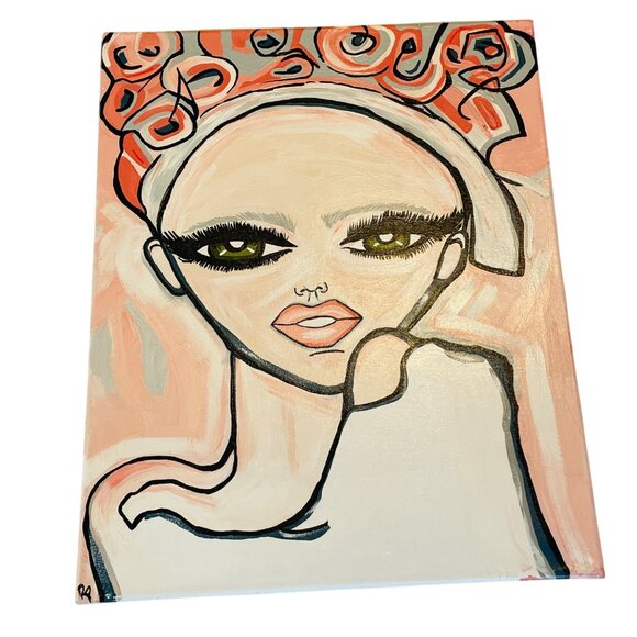 Hand-Painted Abstract Canvas Art Of Woman Rosy Headdress & Bold Eyes Signed RP - Picture 1 of 10